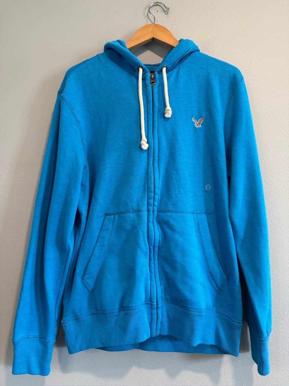 American Eagle Blue Full Zip-Up Hoodie with Drawstring Large